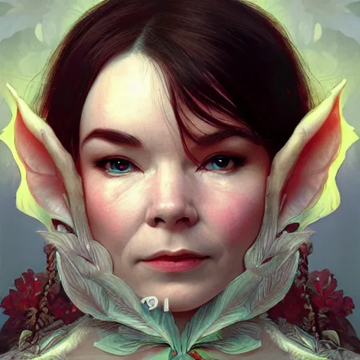 Image similar to portrait of bjork as dmt elf, 8 k highly detailed, sharp focus, illustration, art by artgerm, mucha, bouguereau