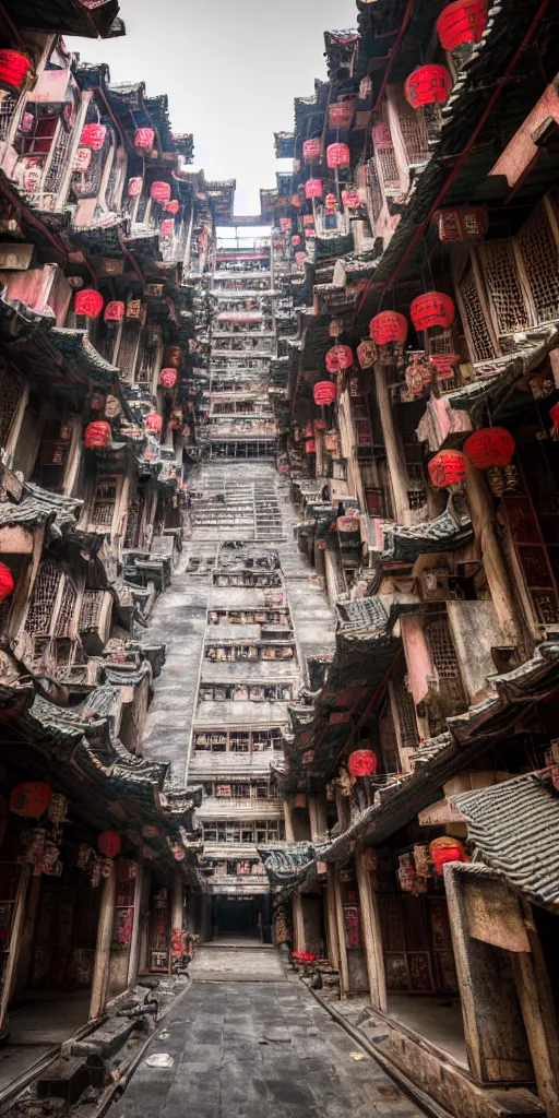 Image similar to an interior view of Kowloon walled city in Hong Kong, very detailed, photoreal, 8k, canon 20mm lens