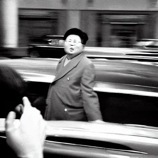 Image similar to 1960s press archive of middle-aged Kim Jong-il coming out of a car, face obscured, Reuters, 35mm film, film grain, mysterious exterior, motion blur, crowd, kaiju-eiga in the background, underexposed