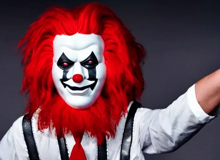 Image similar to publicity photo still of ronald mcdonald wearing a slipknot mask touring with slipknot live on stage, 8 k, live concert lighting, mid shot