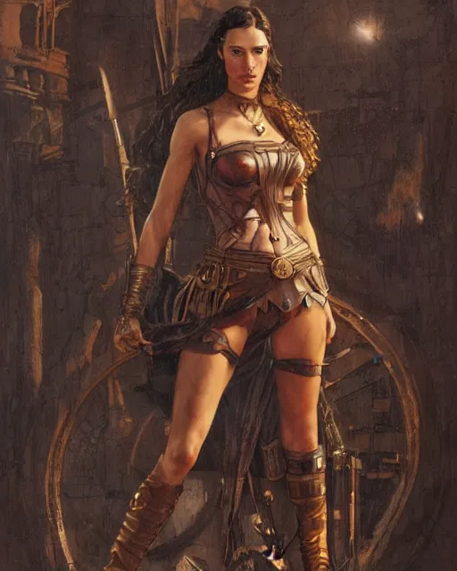 Prompt: highly detailed steampunk gal gadot standing, iron age : leonardo da vinci, greg rutkowski, magali villeneuve