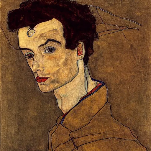 Prompt: a beautiful man portrait by egom schiele