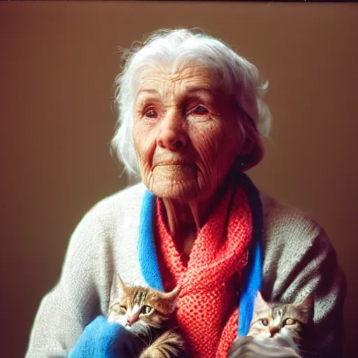 Image similar to a portrait of an old woman, her face wrinkled and her eyes wise. she is wearing a bright scarf around her neck, and there is a cat perched on her lap. the background is a deep, rich blue. cinestill 8 0 0 t