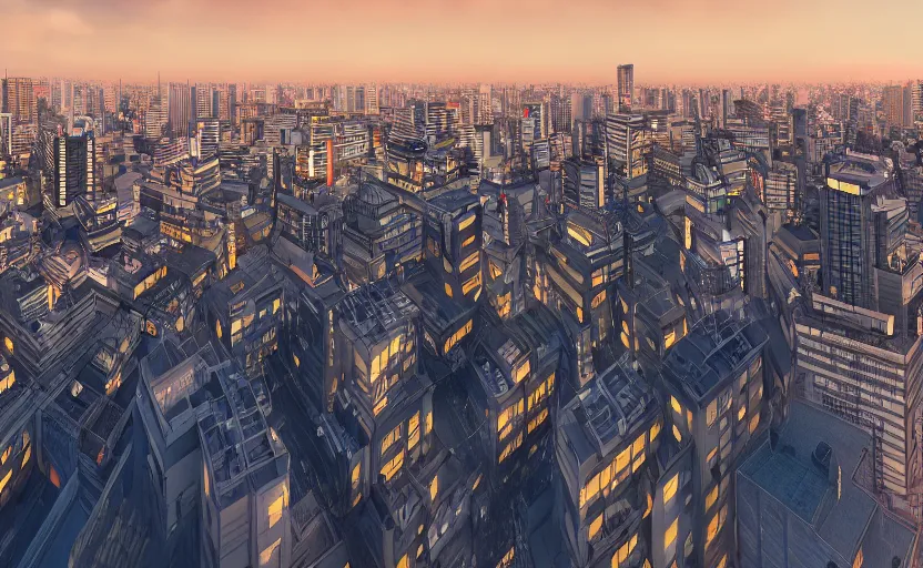 Prompt: unreal engine render of tokyo city from a rooftop view, sunset lighting, hyper realism, realistic shading, cinematic composition, blender render, octane render, hdr, detailed textures, photorealistic, ultrawide shot, 1 6 mm lens
