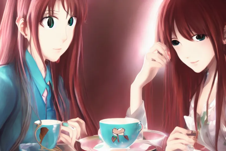 Prompt: Makise Kurisu drinking tea with Hatsune Miku, anime art, detailed, wallpaper, 4k