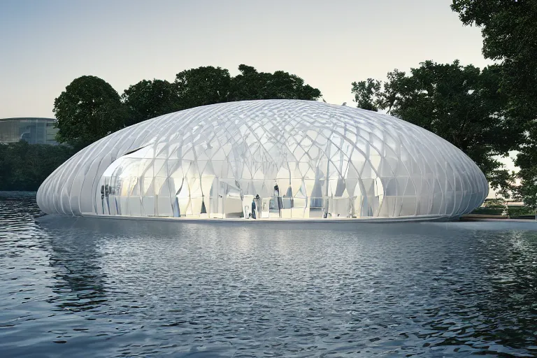 Prompt: a building composed of many white spherical egg shaped circular spaces and boolean combinations stacked together. on the calm lake, people's perspective modern curved architecture, future, wood, marble, metal award winning, highly detailed 4 k art, dusk, unreal engine highly rendered, global illumination, radial light, internal environment by kazuyo sejima