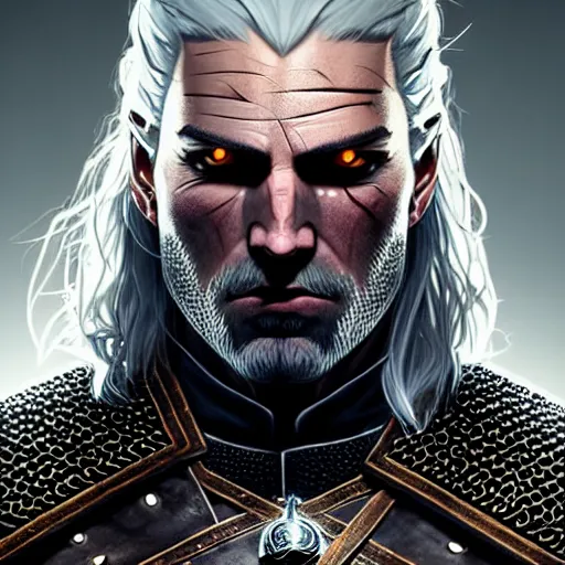 Prompt: Geralt of Rivia, D&D, amber eyes, muscular, fantasy, intricate, elegant, highly detailed, Witcher 3, digital painting, artstation, concept art, smooth, sharp focus, illustration, art by artgerm and greg rutkowski and alphonse mucha