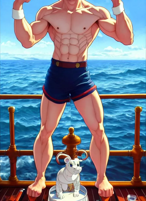 Prompt: muscular cute tom holland wearing white sailor outfit on a steam boat, natural lighting, path traced, highly detailed, high quality, digital painting, by don bluth and ross tran and studio ghibli and alphonse mucha, artgerm