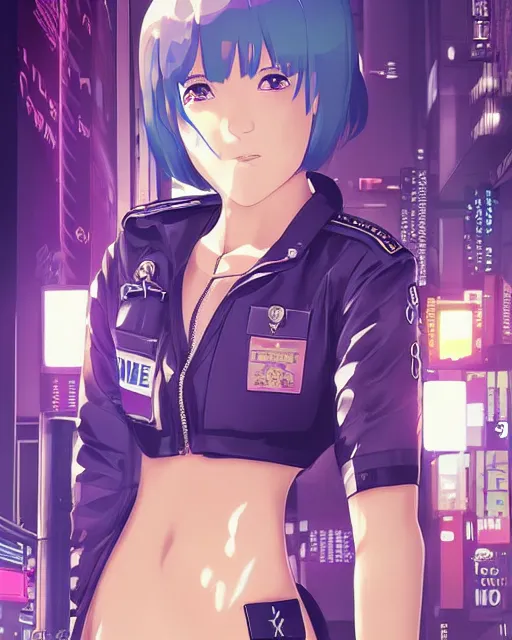 Prompt: police officer girl very very anime!!! fine face, audrey plaza, realistic shaded perfect face, fine details. anime. realistic shaded lighting cyberpunk futuristic neon tattoos styled hair reflective puffy sheen film jacket decorated poster by ilya kuvshinov katsuhiro otomo ghost in the shell