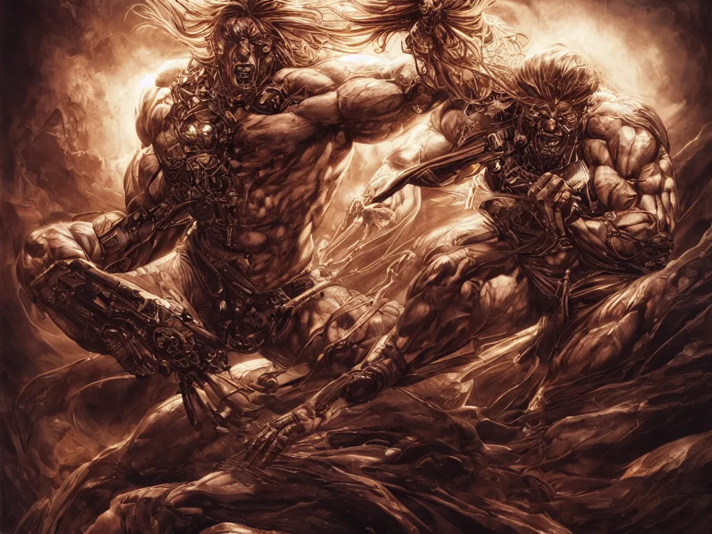 Prompt: photo of a muscular man, angry fighting for his life, combination in the style Ayami Kojima, Amano, Karol Bak, Greg Hildebrandt, and Mark Brooks, futuristic age, detailed, trending on Artstation atmospheric, high energy, electric, bristling, highly detailed, 8K, 4K, UE5