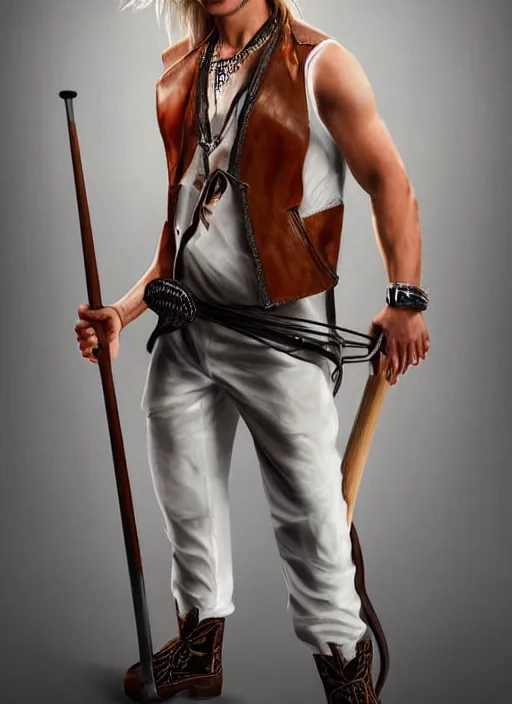 Prompt: a male ranger with a bongo drum and holding nunchaku, wearing a leather vest and white linen pants, chiseled good looks, long swept back blond hair, puka shell necklace, dnd, digital art