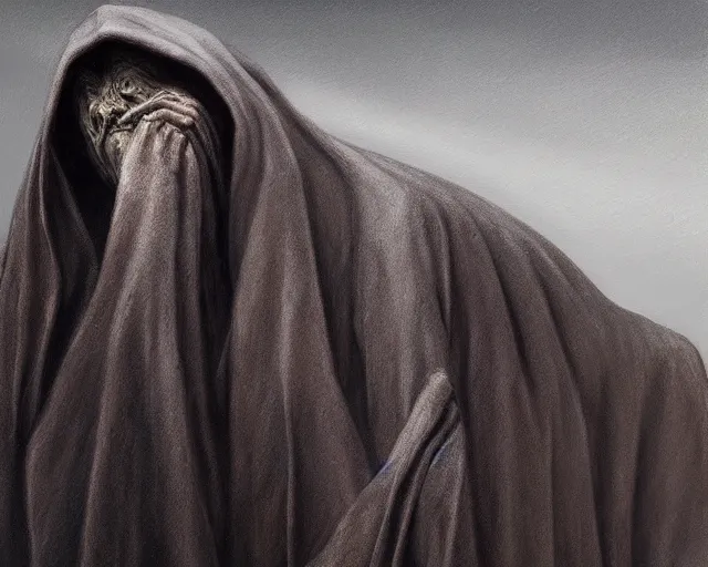 Prompt: Medium shot low angle creepy dementor highly detailed, sharp focus, digital painting, oil painting, artwork, museum work, by Robert Bateman, by Carl Brenders,