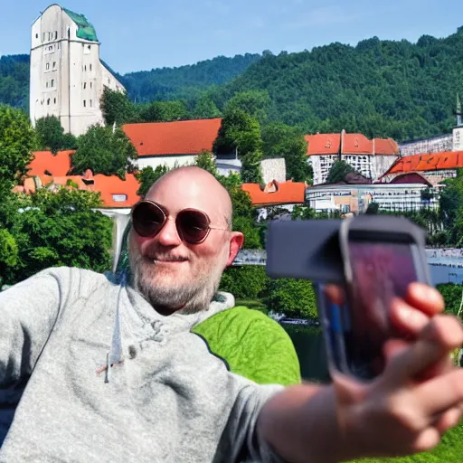 Prompt: yoda taking a selfie on ljubljana castle