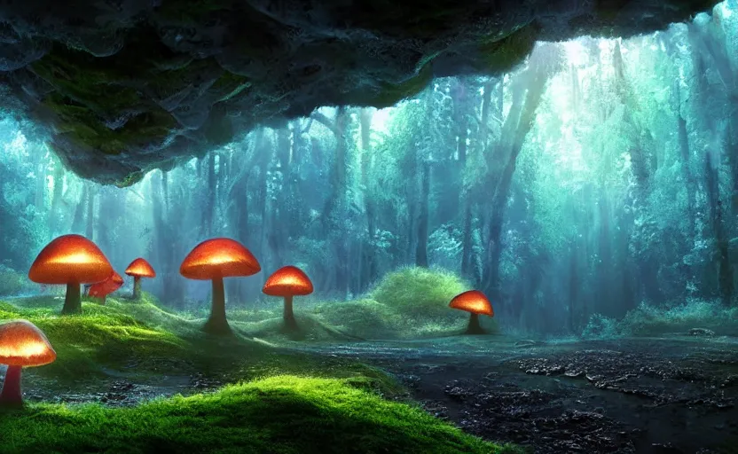 Prompt: a beautiful and stunning professional digital artwork of a glowing mushroom cave, haze, spores floating in the air, waterfall, volumetric lighting, hyperrealistic, rtx on, ultra detail