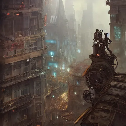 Image similar to two steampunk robots standing on a building, apocalyptic, apocalyptic city, gloomy, 8 k, octane render, ultra detailed, art by artgerm and greg rutkowski and alphonse mucha, artstation