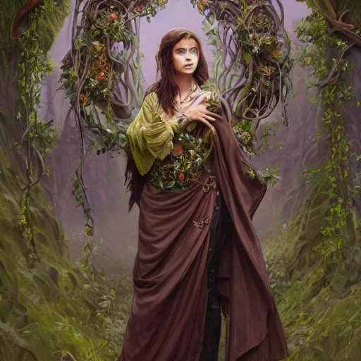 Prompt: a woman druid wearing leaf and vine themed clothing, fully clothed, pet animal, D&D, fantasy, intricate, cinematic lighting, highly detailed, digital painting, artstation, concept art, smooth, sharp focus, illustration, art by Artgerm and Greg Rutkowski and Alphonse Mucha, subject in the middle of the frame