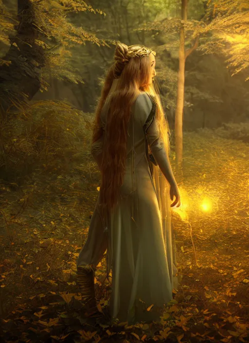 Image similar to magical forest with gold and silver leafs, music, girl with blond long hair back view, elves, lord of the rings style, ultra detailed, trending on artstation, concept art, octane render, unreal engine,