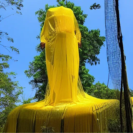 Image similar to “giant ancient statue wrapped in translucent yellow mesh tarps in a dense jungle”
