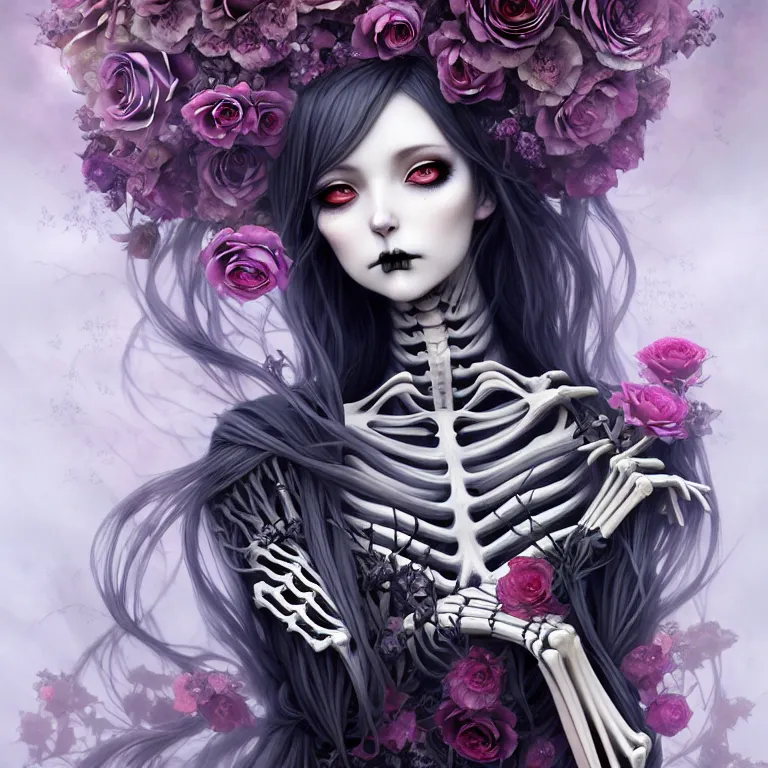 Image similar to stunning anime goddess hybrid skeleton of the floral river flowers, beautiful gothic dress in a dark romance, misty, by cgsociety, in the style of charlie bowater, tom bagshaw, intricate, beautiful, artstation 8 k, high resolutionsparkling atom fractals of jewls cords, by alex grey and hr giger