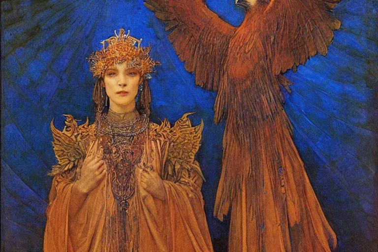 Image similar to coronation of the raven, by Annie Swynnerton and jean delville and Nicholas Roerich, bioluminescent skin!, elaborate costume, geometric ornament, symbolist, rich colors, dramatic lighting, smooth, sharp focus, extremely detailed