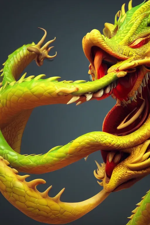 Image similar to swirling liquids mixing together, playful, happy, cheeky asian dragon's head close up, detailed, dramatic light, octane render, realistic