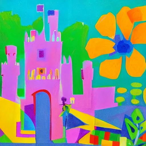 Prompt: artwork inspired by mary blair, castle, flowers