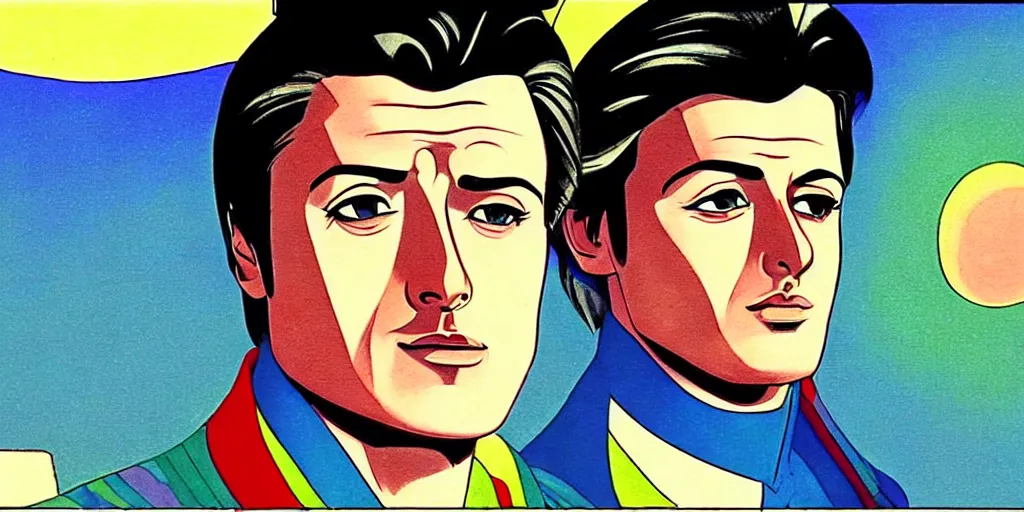 Prompt: traditional drawn colorful animation a symmetrical portrait of Alain Delon Stallone from 1960 60s pilot in posing in spaceship station planet captain bridge, сomet tail, outer worlds, robots, extraterrestrial hyper contrast well drawn in Jean Henri Gaston Giraud animation film The Masters of Time FANTASTIC PLANET La planète sauvage animation by René Laloux