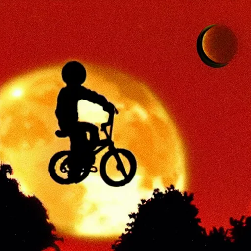 Image similar to a silhouette of a boy making a big jump with bike with basket in front of it, flying, big shiny moon on the background at night, a still of e. t. the extra - terrestrial ( 1 9 8 2 )