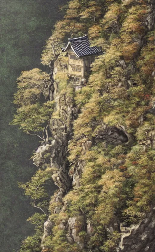 Prompt: amazing detailed intricate photorealistic painting of a house hanging off a cliff edge. a man is standing in the doorway waving. japan. hd. hq