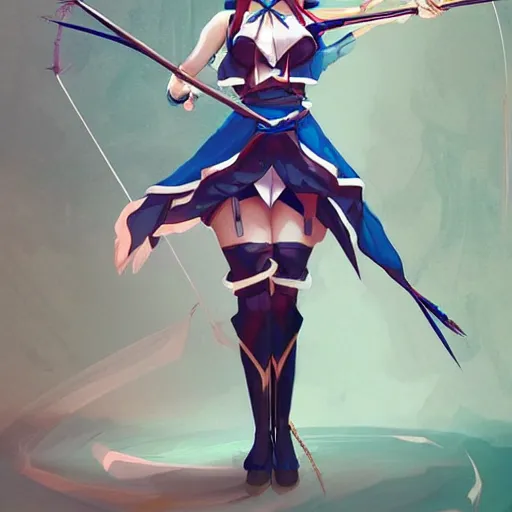 Prompt: an anime woman in an outfit made of water is doing a trick with bow and arrow, concept art by senior character artist, polycount contest winner, process art, concept art, 2d game art, artstation hd