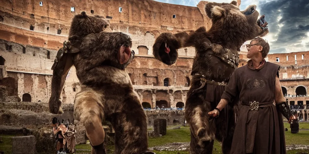 Image similar to Bill Gates dressed as a roman gladiator in front of an angry bear in the Colosseum. Film scene. Dramatic lightning. 4k.