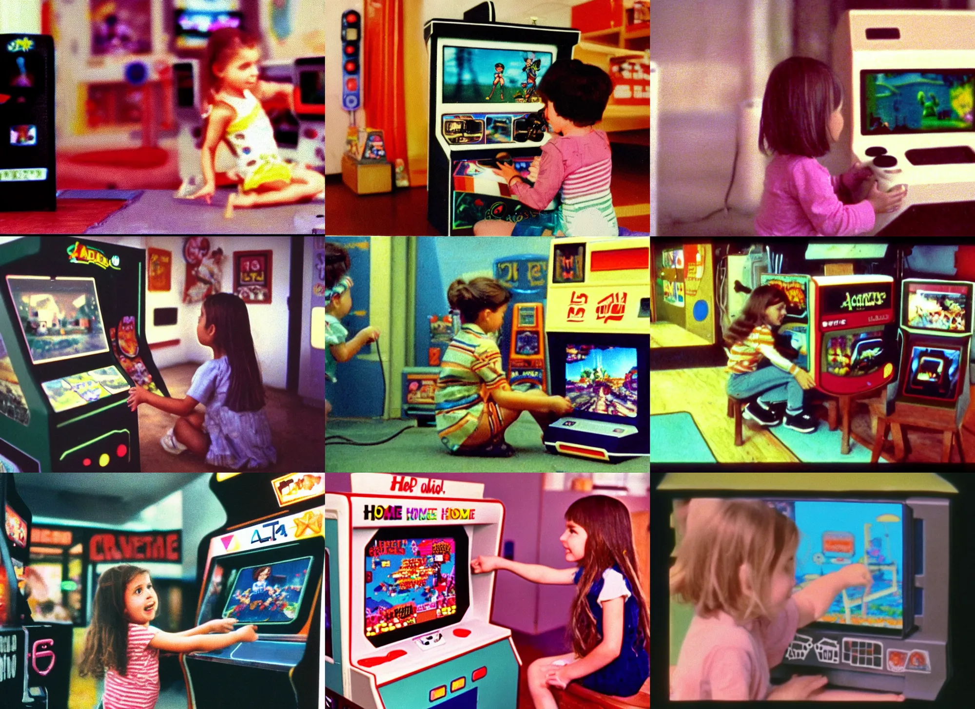 Prompt: Home video footage, A girl playing in game arcade, summer. Color VHS picture quality with mixed noise, Filmed by dad.