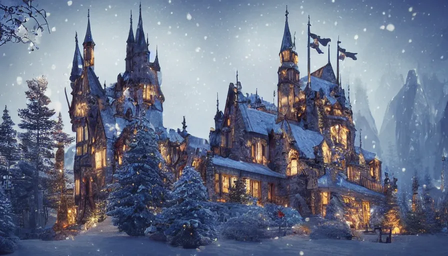 Image similar to Neo-Gothic castle with Christmas light built in a middle of a snowy land with illuminated mountains far behind at night, Christmas trees and snowmen outside hyperdetailed, artstation, cgsociety, 8k