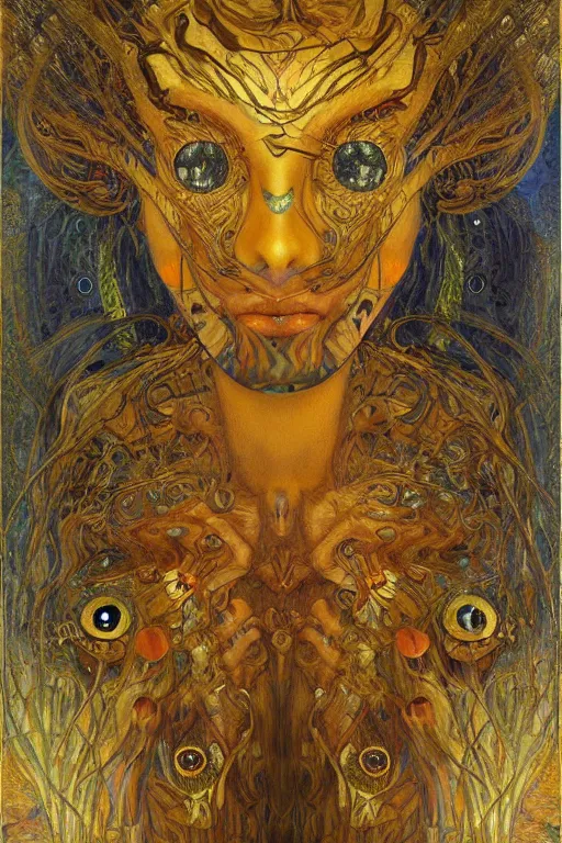 Prompt: Metamorphosis by Karol Bak, Jean Deville, Gustav Klimt, and Vincent Van Gogh, transformational chimera portrait, visionary, cicada wings, transformation, chimera, metamorphosis, otherworldly, fractal structures, ornate gilded medieval icon, third eye, spirals, horizontal symmetry