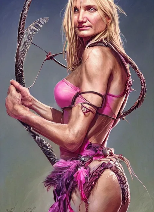 Image similar to serious looking Cameron Diaz as a ruggedly handsome heroine wearing pink feathers and wielding a glowing bow, intricate, elegant, tasteful, highly detailed, centered, digital painting, artstation, concept art, smooth, sharp focus, illustration, art by artgerm and donato giancola and Joseph Christian Leyendecker, WLOP
