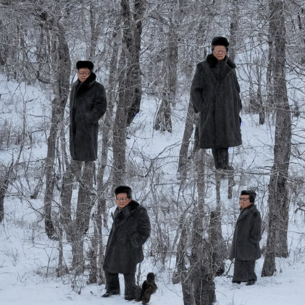 Image similar to filmstill of Kim Jong-il wearing a furry chapka and playing the role of Omar Sharif in Doctor Zhivago by David Lean, man in furry coat, cold Russian landscape, snow and trees, minimal composition, 1965, cinemascope, Eastman Color Negative 50T 5251 Neg. Film, epic romance