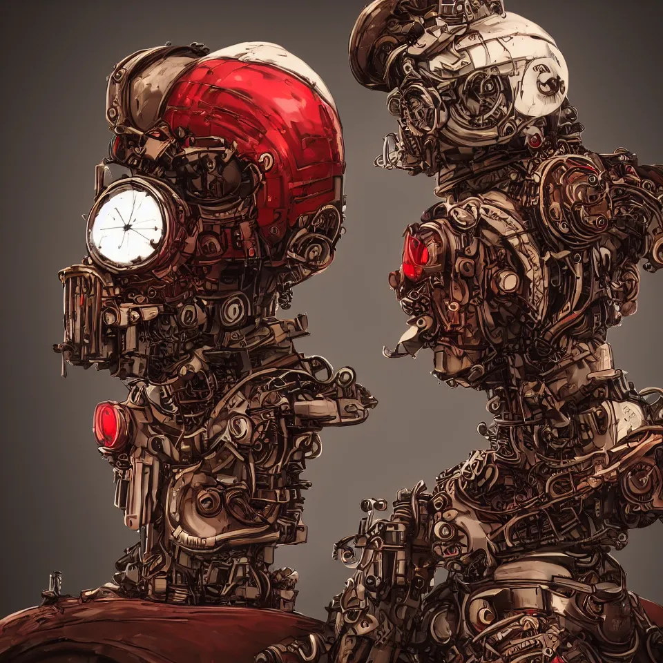 Prompt: a detailed concept art steampunk of a bust robot bird, gradient dark red, cream and white color scheme, dynamic lighting, cinematic, epic composition, masterpiece