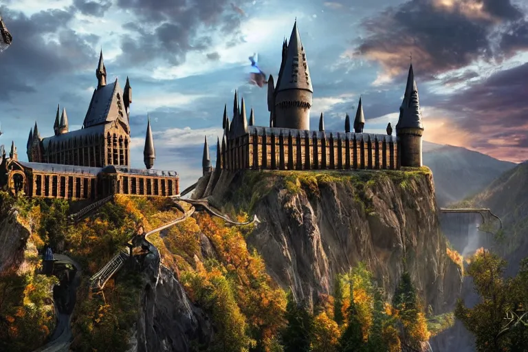 Image similar to Harry potter looking down to Hogwarts, happy after a long fight, photo-realistic, golden hour, epic