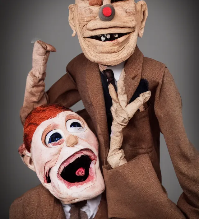 Image similar to hyper realistic photography of horrific old wooden ventriloquist puppet