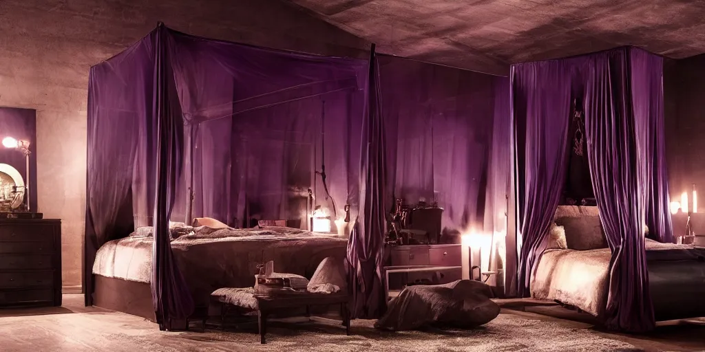 Image similar to night time, moody dark lighting, dark purple leather dungeon bedroom, blade runner 2 0 4 9, king size canopy bed
