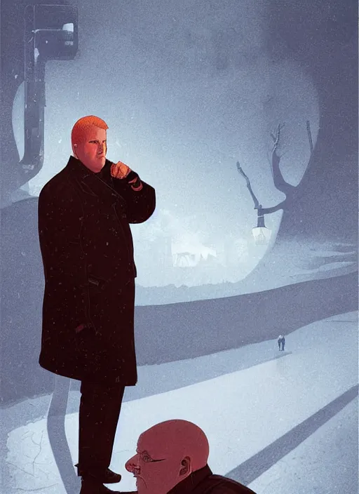 Image similar to poster artwork by Michael Whelan and Tomer Hanuka, Karol Bak of Jim Gaffigan hitman in peacoat from scene from Twin Peaks, clean, simple nostalgic, domestic