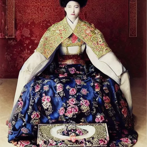 Prompt: An empress bridal ensemble is shown in a museum in a 1900s historical fantasy portrait that combines Russian and Japanese influences.