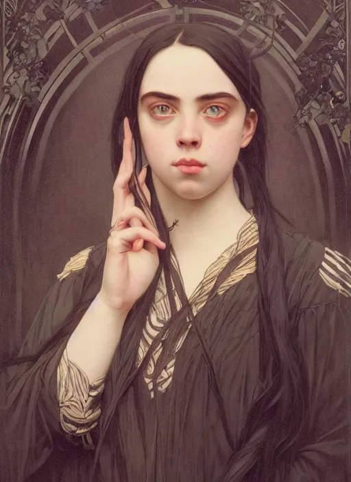 Prompt: Portrait of Billie Eilish in victorian london, elegant, highly detailed, fantasy, art by artgerm and greg rutkowski and alphonse mucha and Wayne Barlowe and william-adolphe bouguereau, smooth, sharp focus, octane render