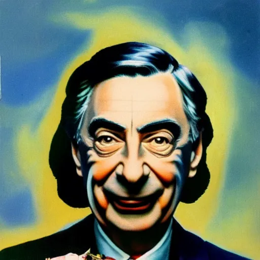 Image similar to fred rogers gothic horror chic portrait diffusion glow smoke fire, art by salvador dali