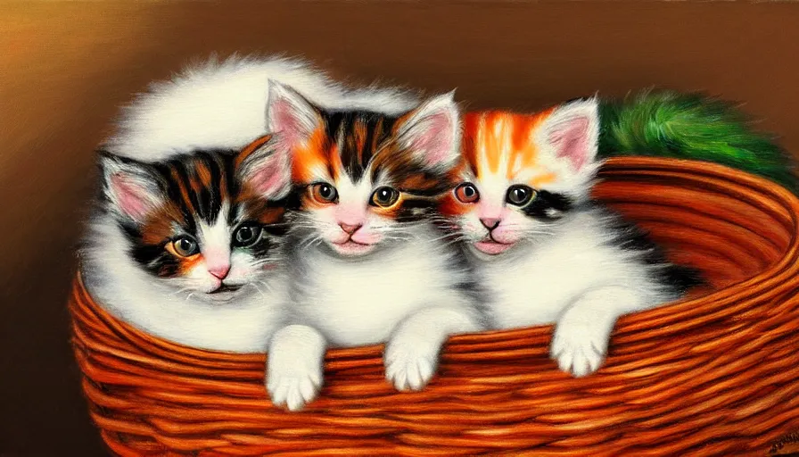 Image similar to highly detailed painting of cute furry calico kittens cuddled up in a basket by william turner, thick brush strokes and visible paint layers, 4 k resolution, red and green colour scheme