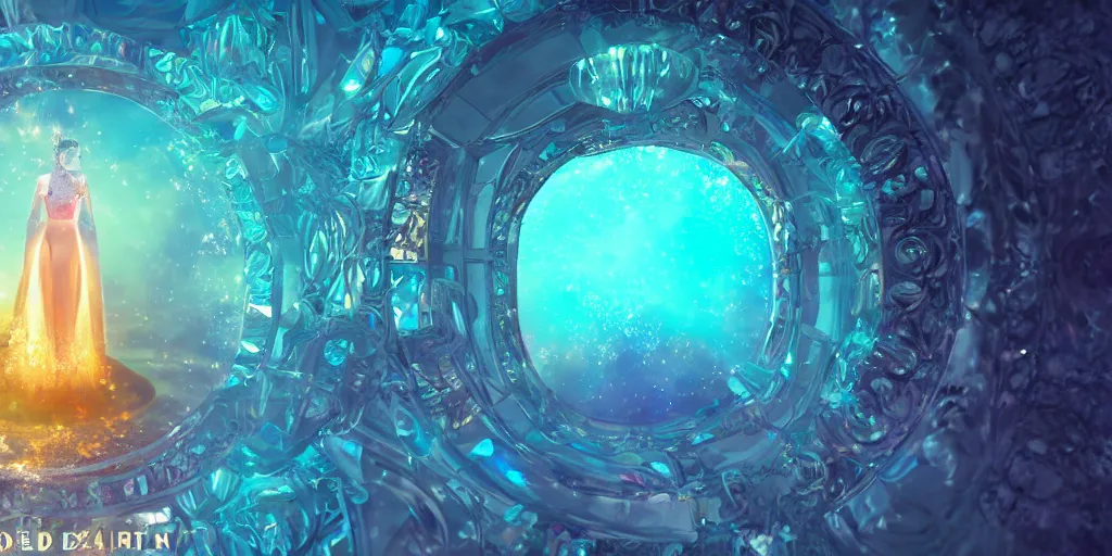 Prompt: jeweled enchanted crystal portal to heaven. unreal and octane and blender and unity render. post - processed color corrected. crisp. focused. sharp. vibrant. epic composition. symmetrical 8 k. uhd.