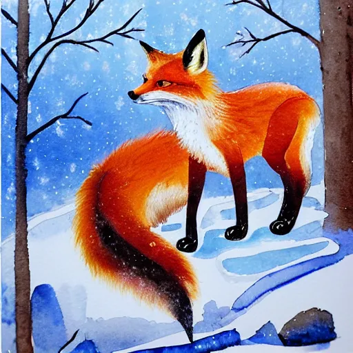 Prompt: watercolour, fox in the snow