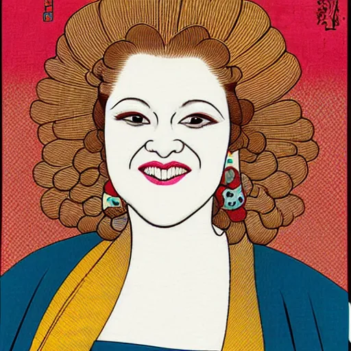 Prompt: very detailed and colorful portrait of bernadette peters smiling, painted in the ukiyo - e style