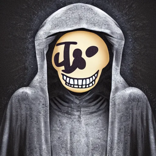 Prompt: the grim reaper pulls down his hood, showing that his head is the smiling face emoji, digital art, 4 k,