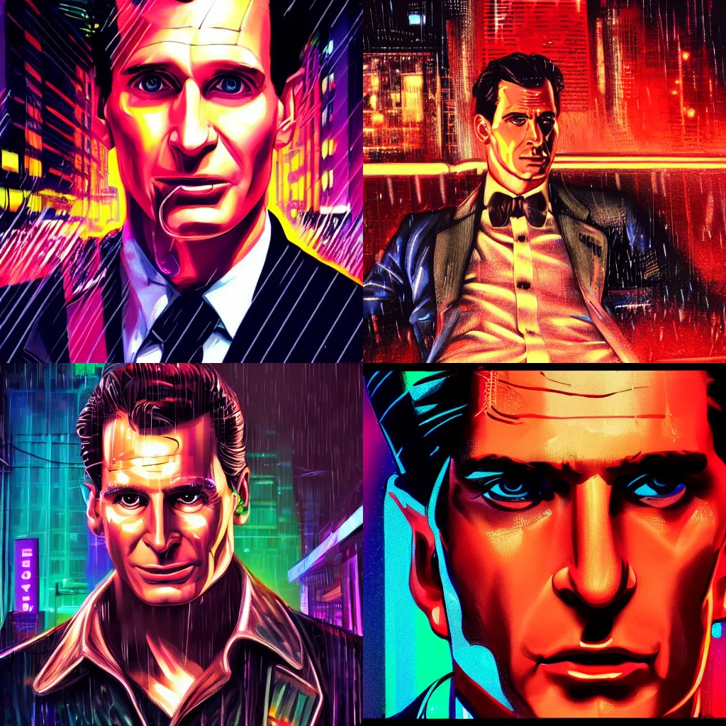 Prompt: Close-up portrait of Patrick Bateman, Bladerunner in the rain, hyper-detailed, cyberpunk, dystopian city skyline at night, colorful neon signs, 4k ultra hd, trending on artstation, fantasy dark art